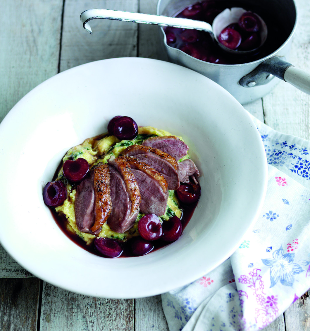 Crispy Skinned Duck Breast with a Cherry Sauce, Creamy Spinach and Polenta