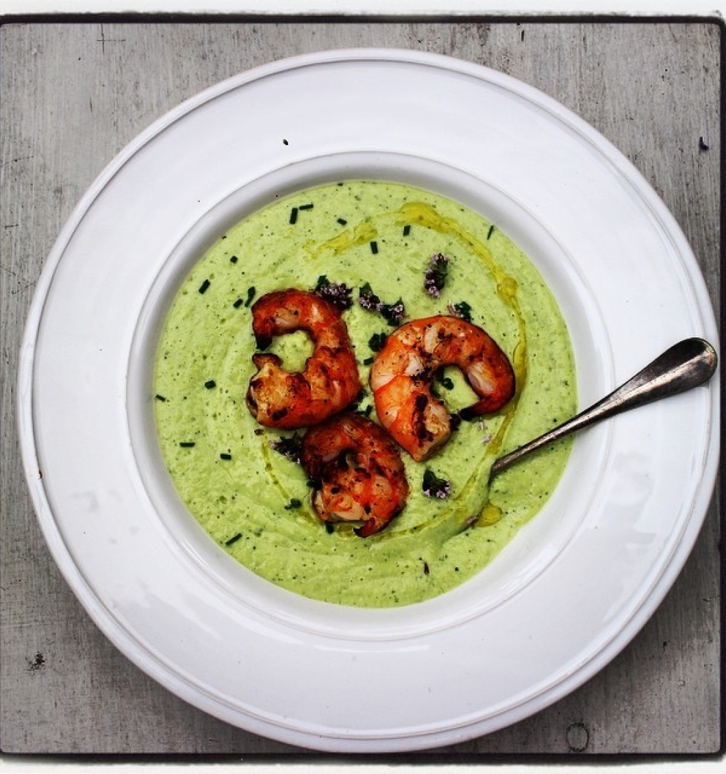 Chilled Courgette and Yoghurt Soup with Barbecued Prawns